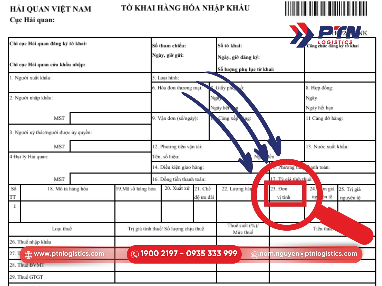 Vị trí của đơn vị tính trên tờ khai hải quan